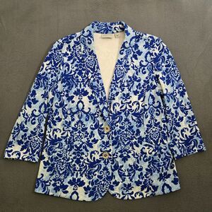 Graver Susan Graver Women S Blue Printed Liquid Knit Fusion Shawl Collar Blazer